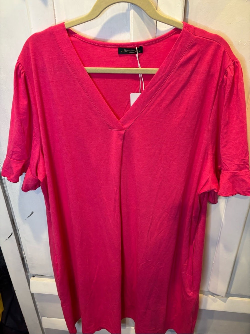 Ofeefan Women's V-Neck Short Sleeve Top - Hot Pink